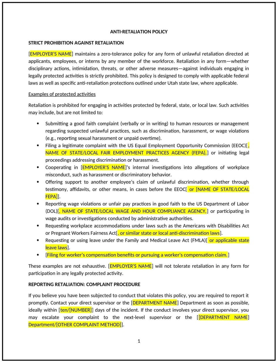 Anti-retaliation policy (Utah): Free template