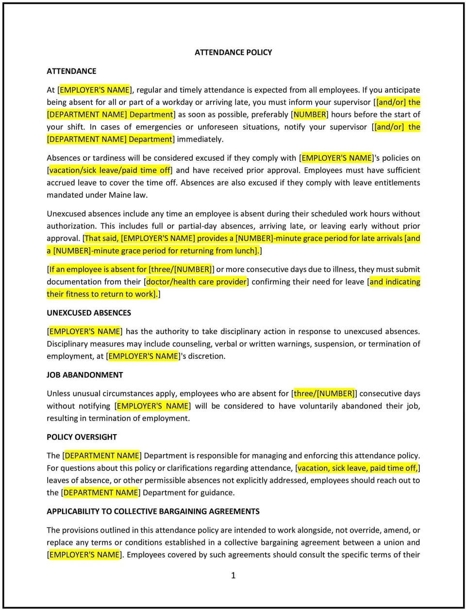 Attendance policy (Maine): Free template