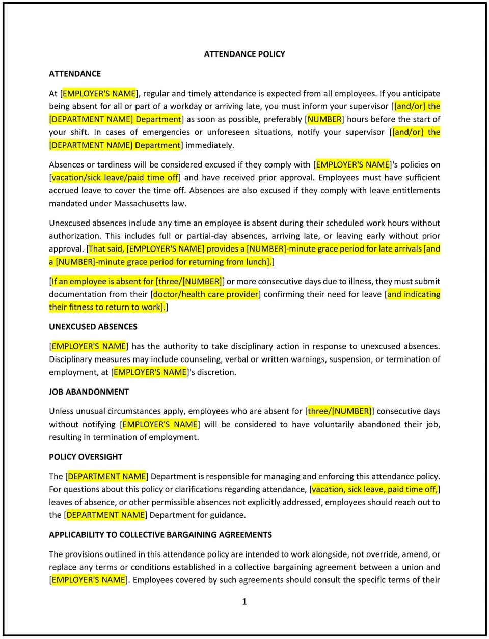 Attendance policy (Massachusetts): Free template