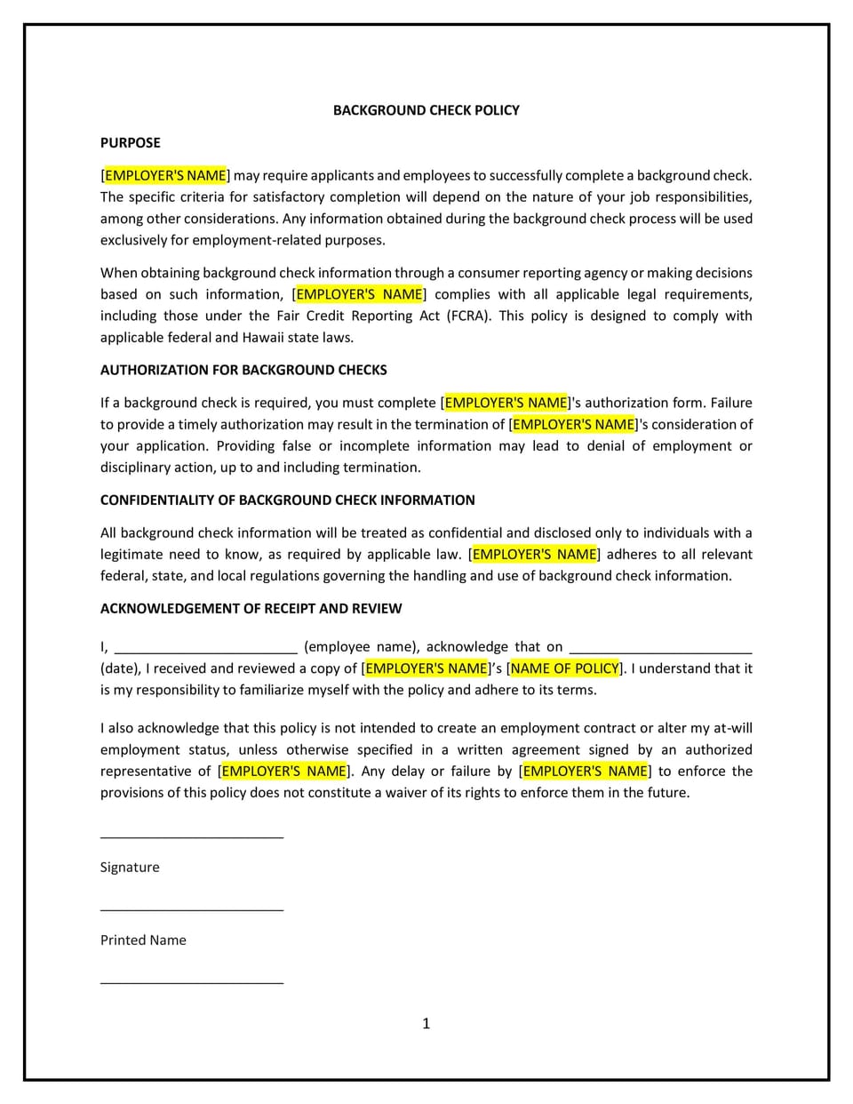 Background check policy (Hawai'i): Free template