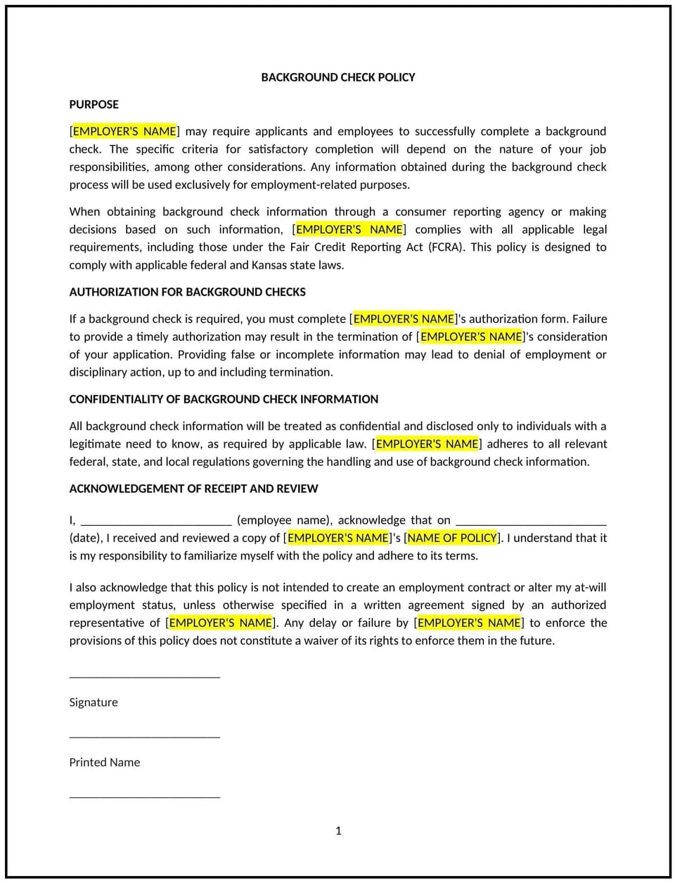 Background check policy (Kansas): Free template