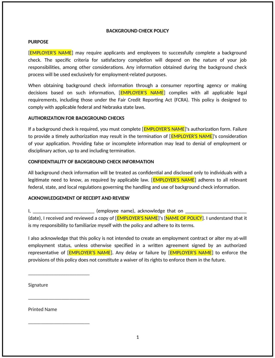 Background check policy (Nebraska): Free template