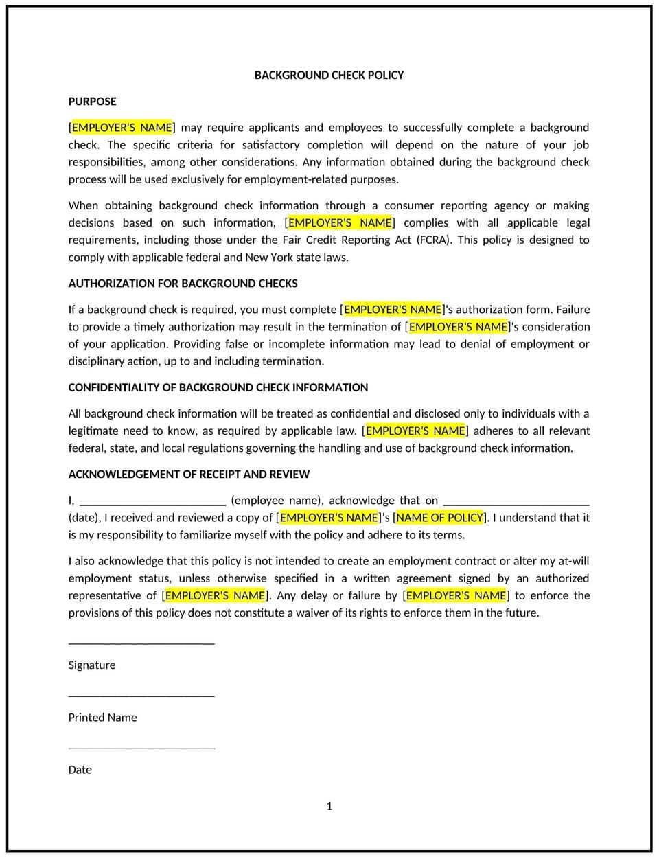 Background check policy (New York): Free template