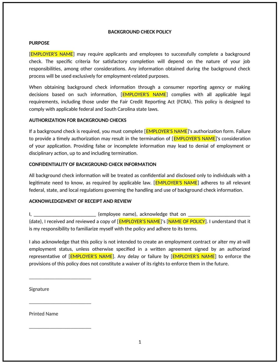 Background check policy (South Carolina): Free template