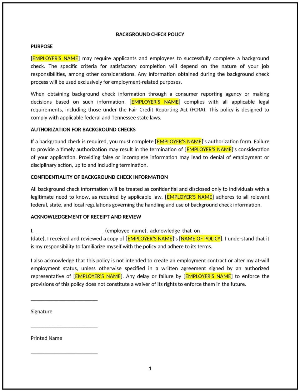 Background check policy (Tennessee): Free template