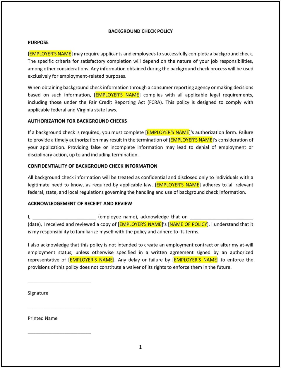 Background check policy (Virginia): Free template