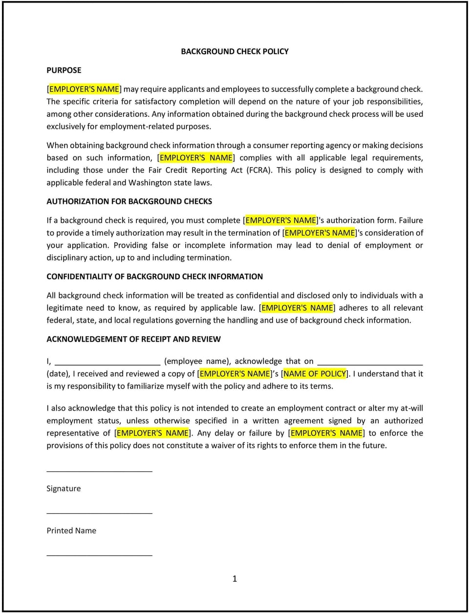 Background check policy (Washington): Free template