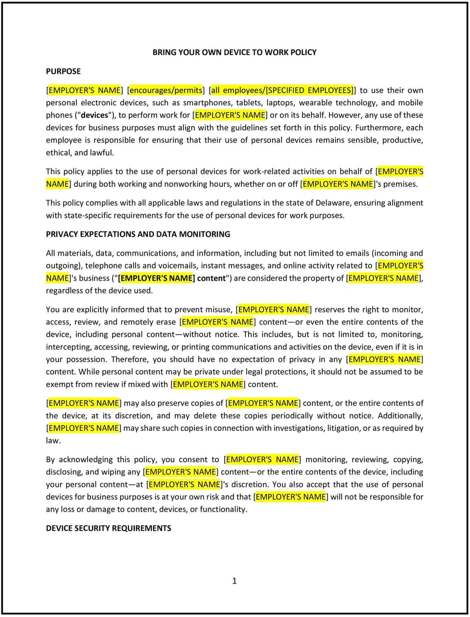 Bring your own device to work policy (Delaware): Free template