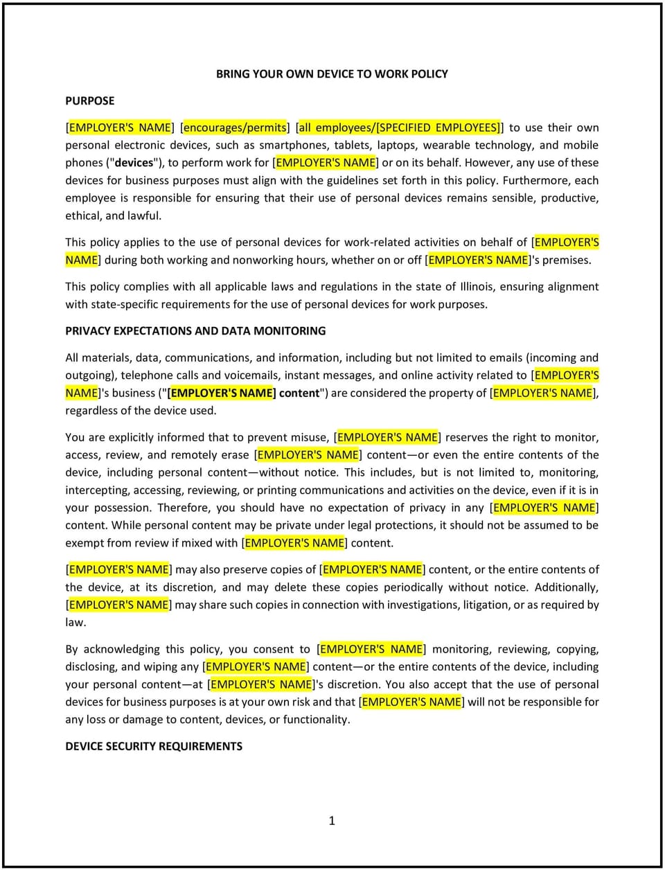 Bring your own device to work policy (Illinois): Free template