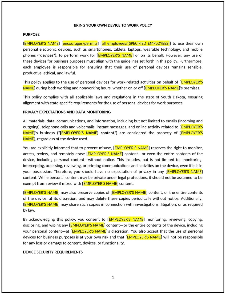 Bring your own device to work policy (South Dakota): Free template
