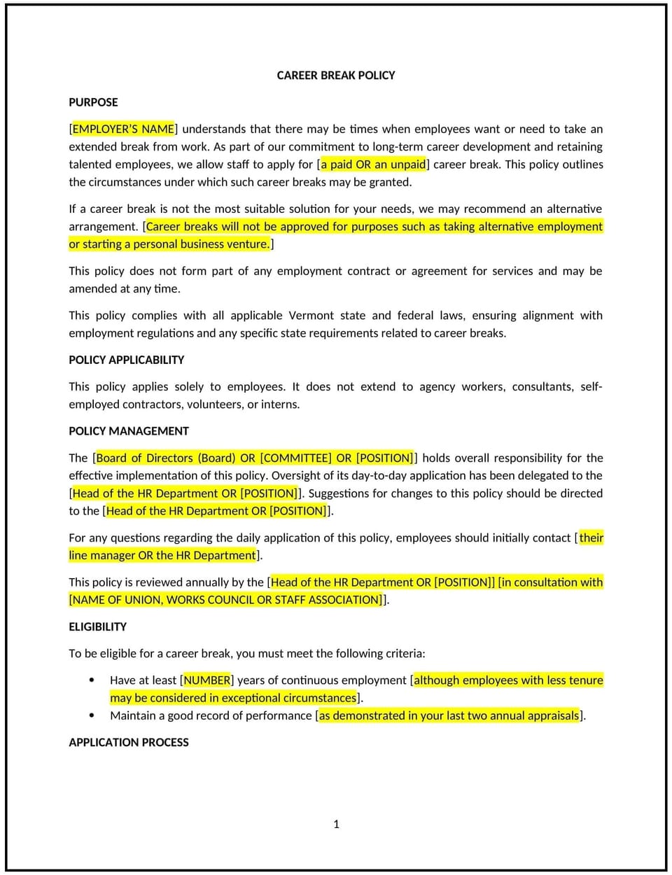 Career break policy (Vermont): Free template