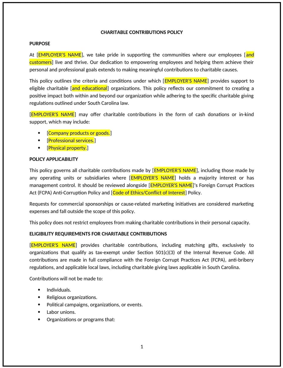 Charitable contributions policy (South Carolina): Free template
