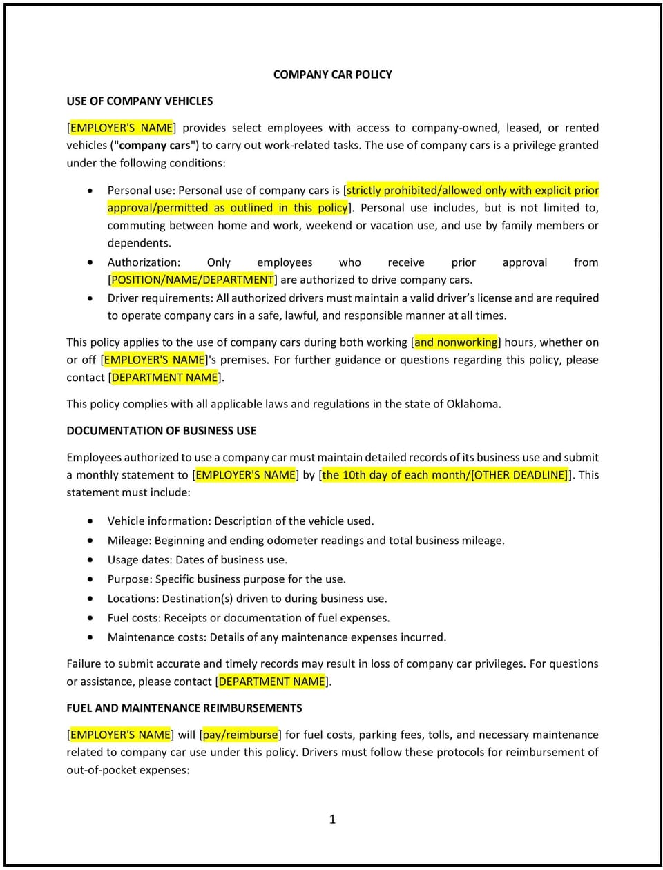 Company car policy (Oklahoma): Free template