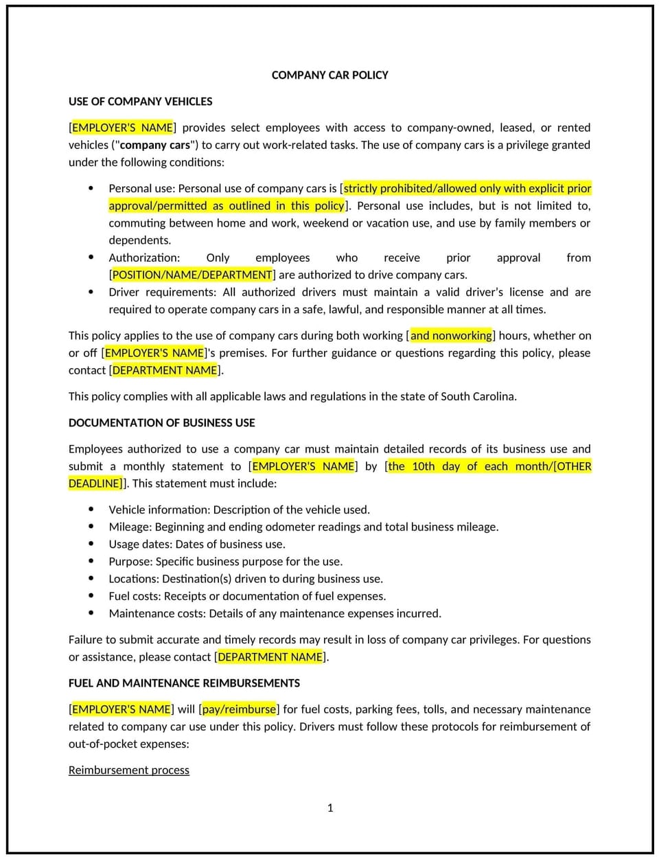 Company car policy (South Carolina): Free template