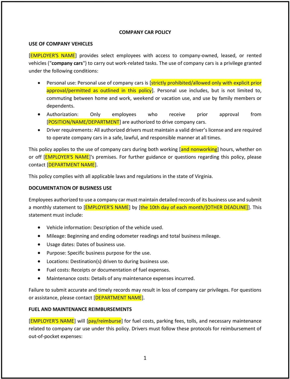 Company car policy (Virginia): Free template