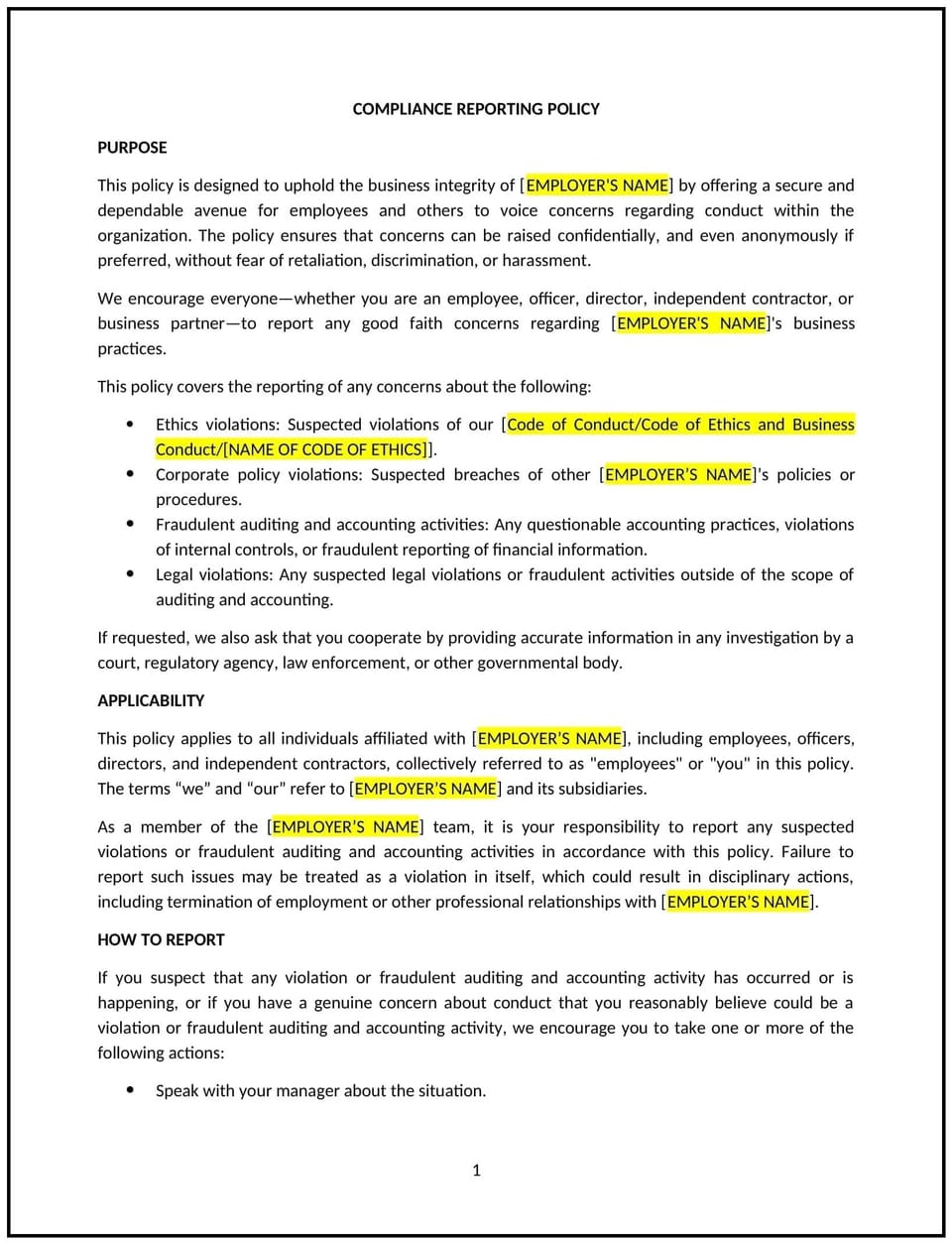 Compliance reporting policy (New York): Free template