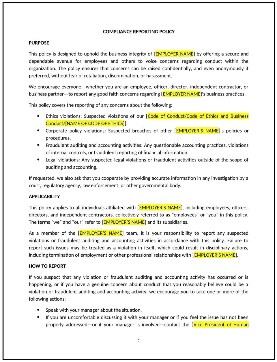 Compliance reporting policy (South Carolina): Free template