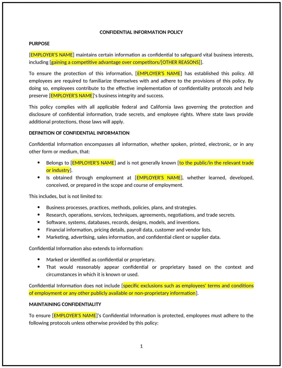 Confidential information policy (California): Free template