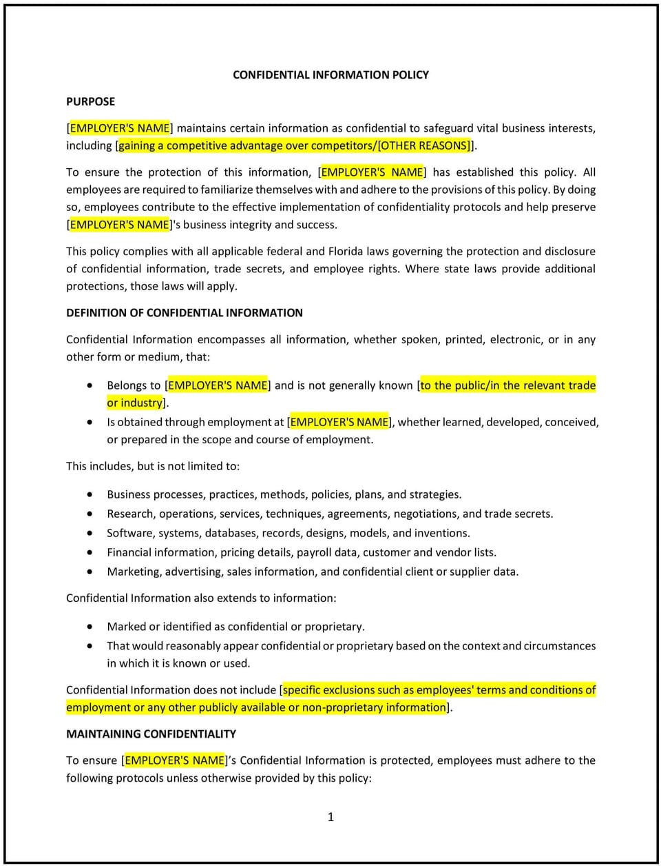 Confidential information policy (Florida): Free template