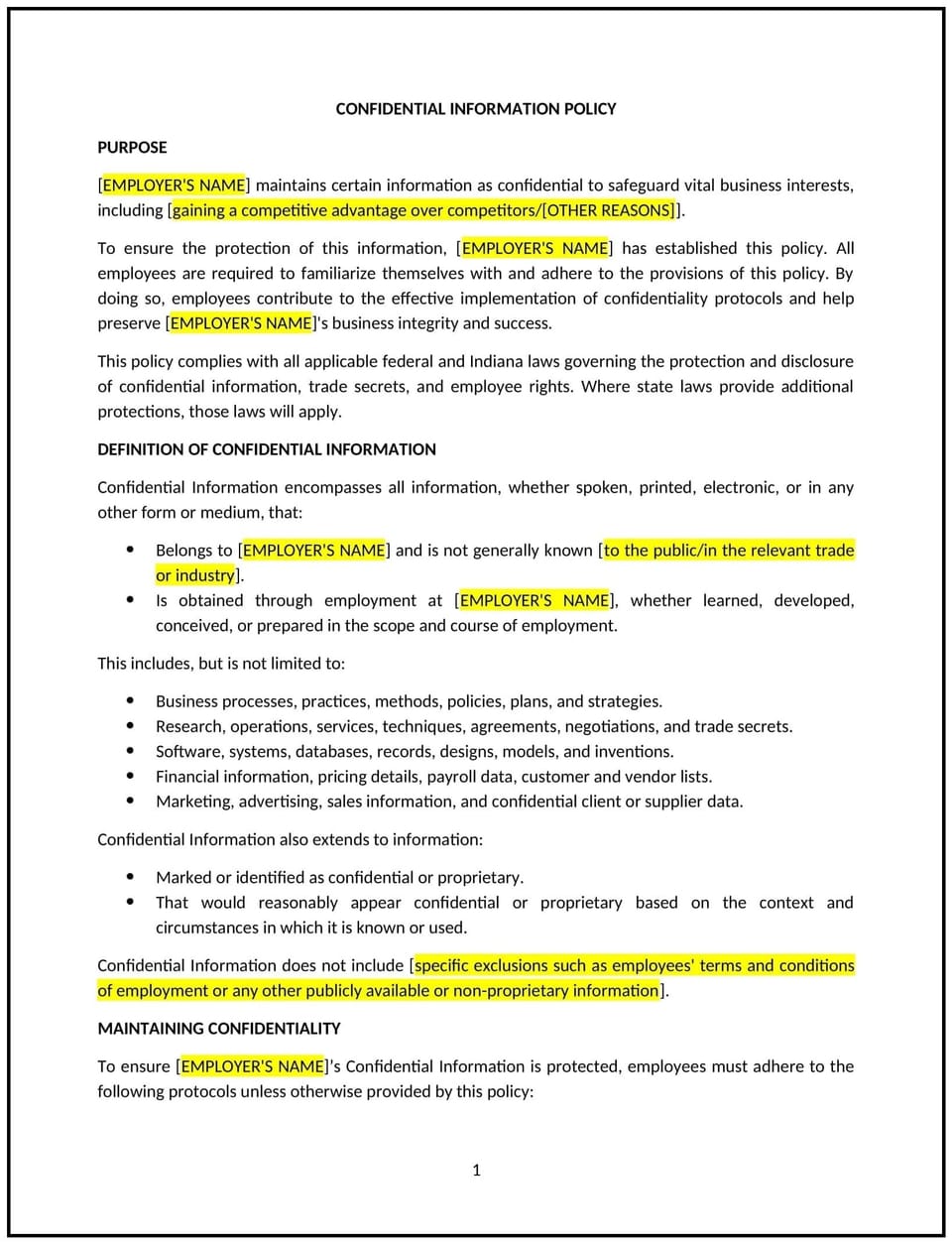 Confidential information policy (Indiana): Free template