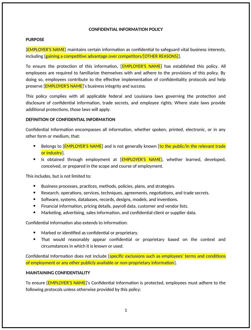 Confidential information policy (Louisiana): Free template