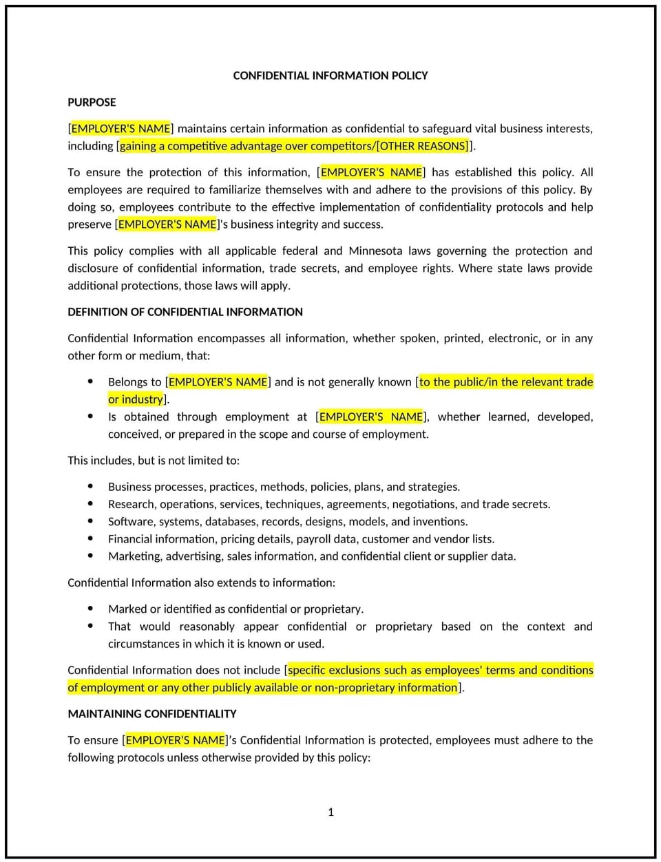 Confidential information policy (Minnesota): Free template