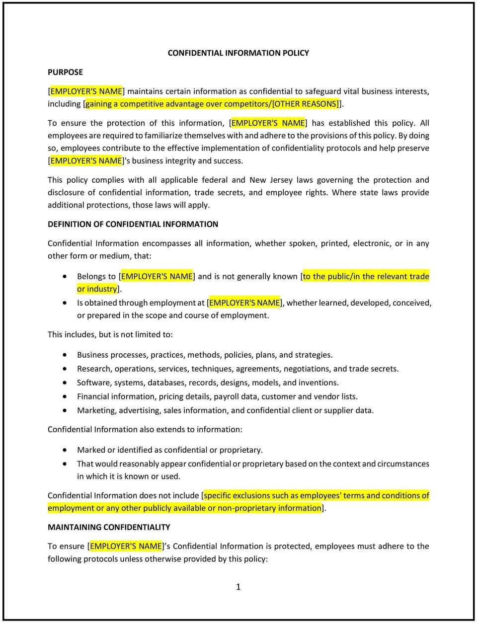 Confidential information (New Jersey) policy: Free template