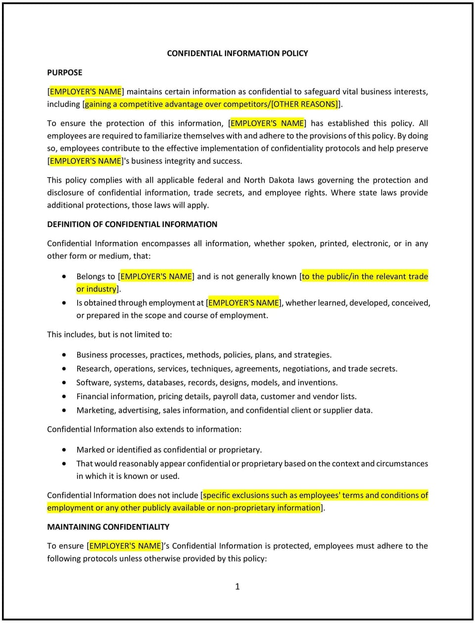 Confidential information policy (North Dakota): Free template