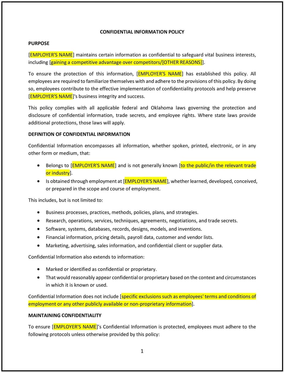 Confidential information policy (Oklahoma): Free template