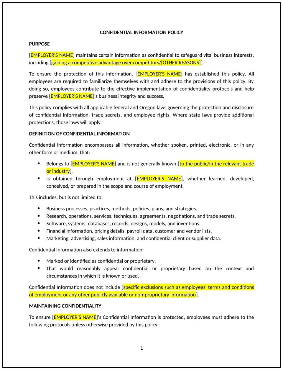 Confidential information policy (Oregon): Free template
