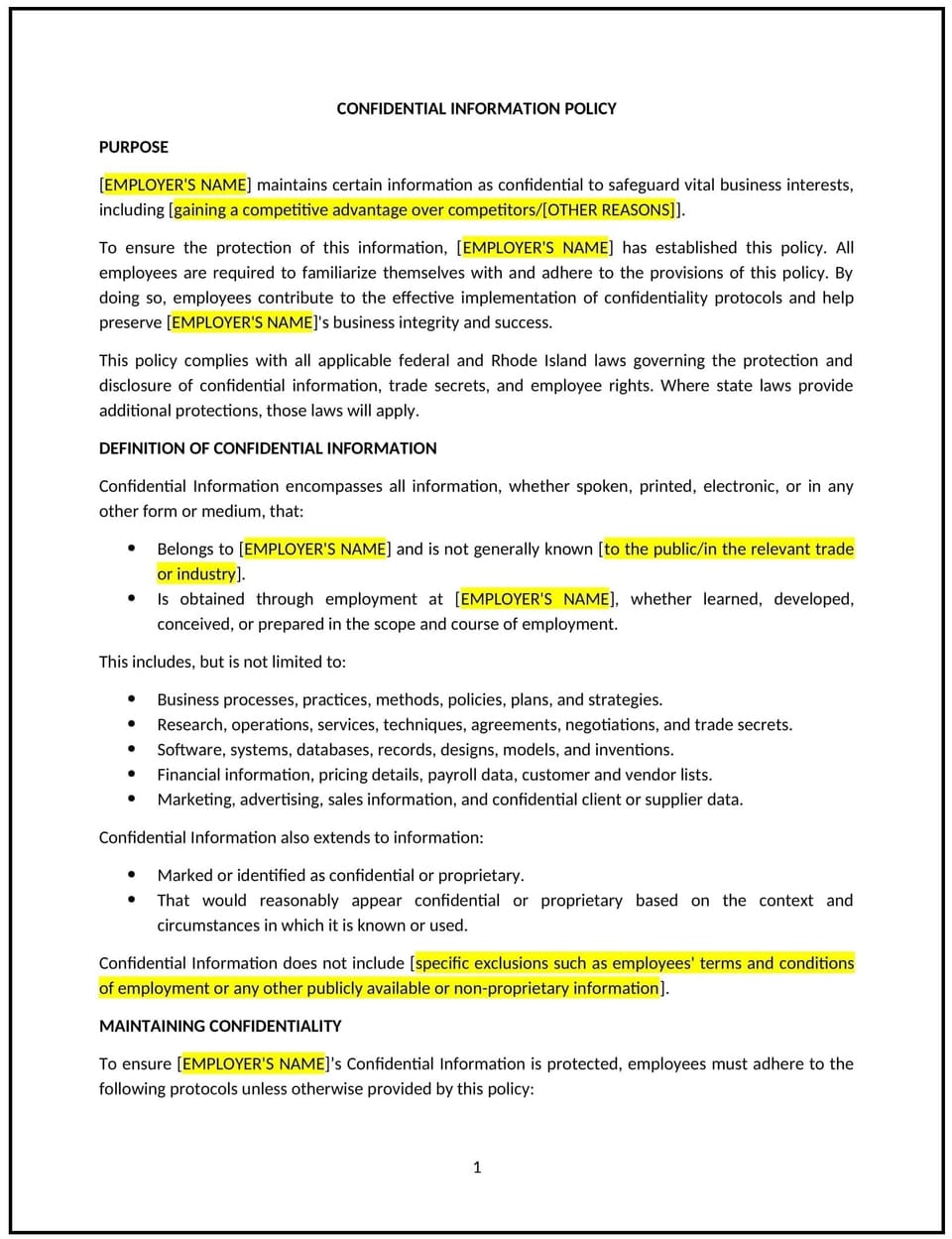 Confidential information policy (Rhode Island): Free template