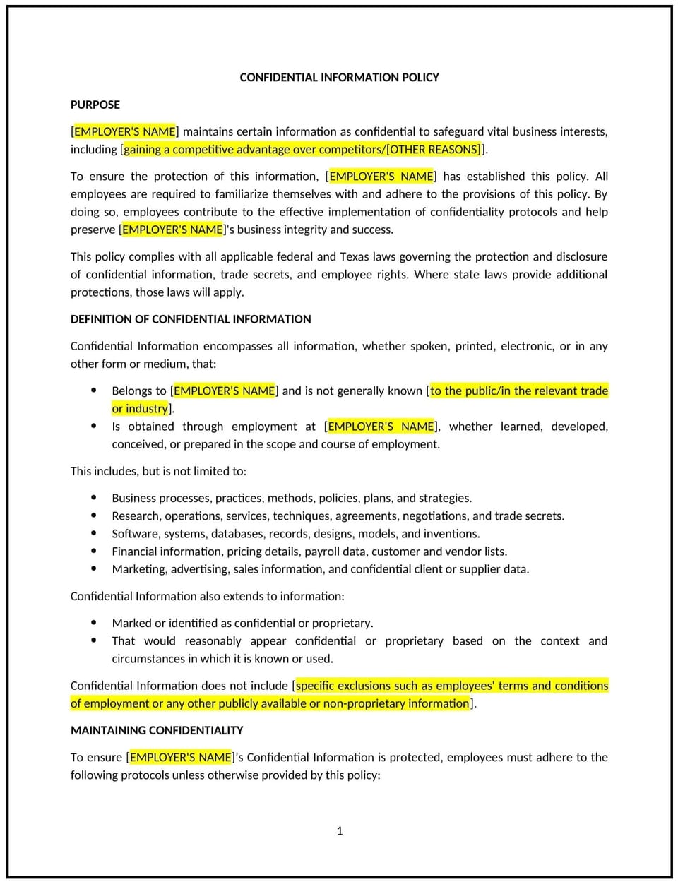 Confidential information policy (Texas): Free template