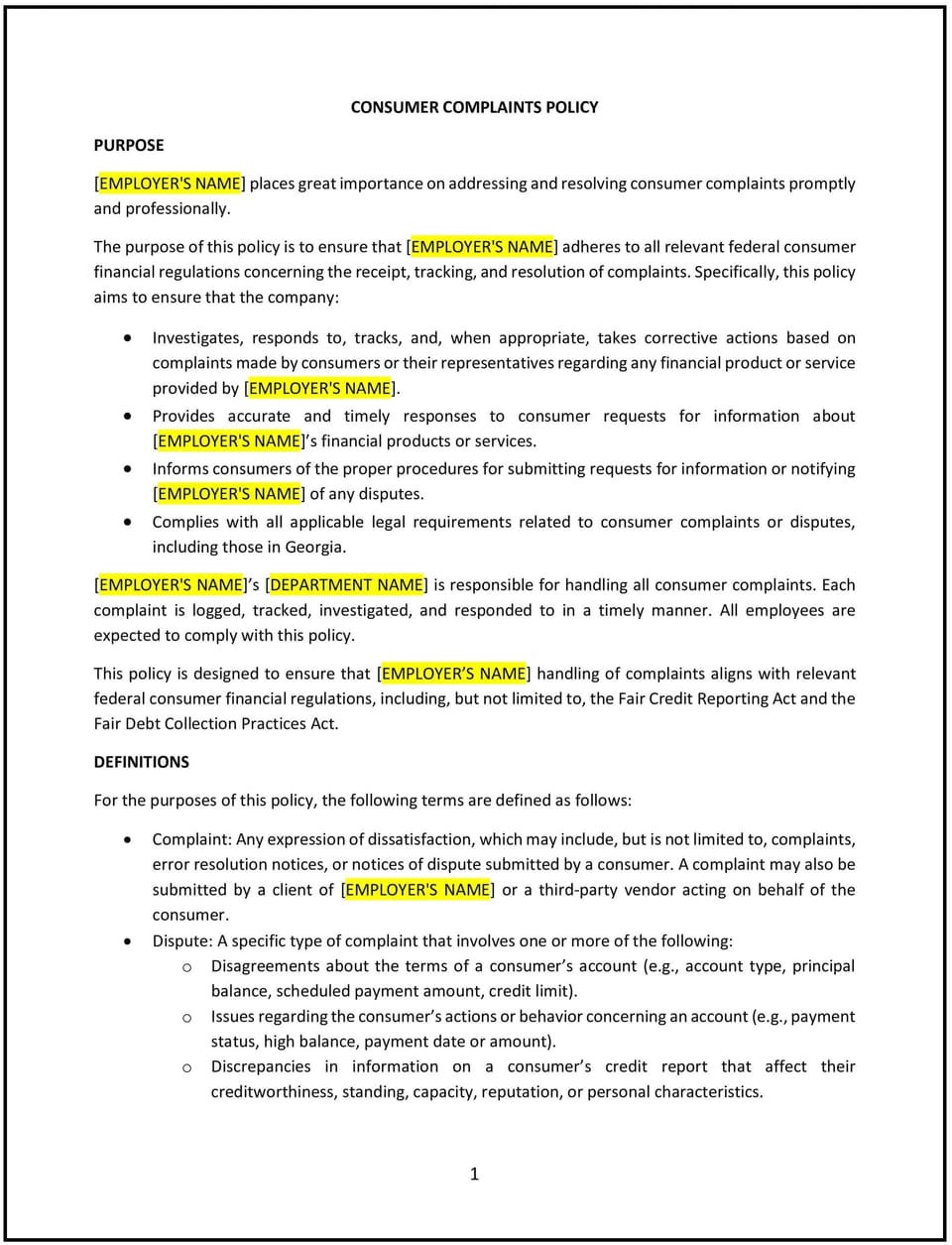 Consumer complaints policy (Georgia): Free template