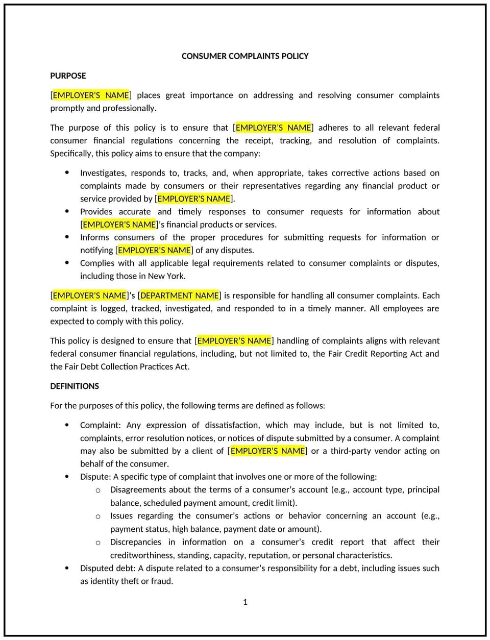 Consumer complaints policy (New York): Free template