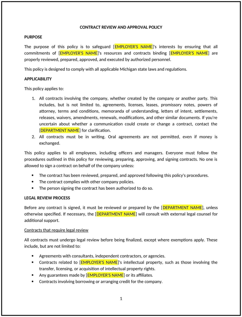 Contract review and approval policy (Michigan): Free template