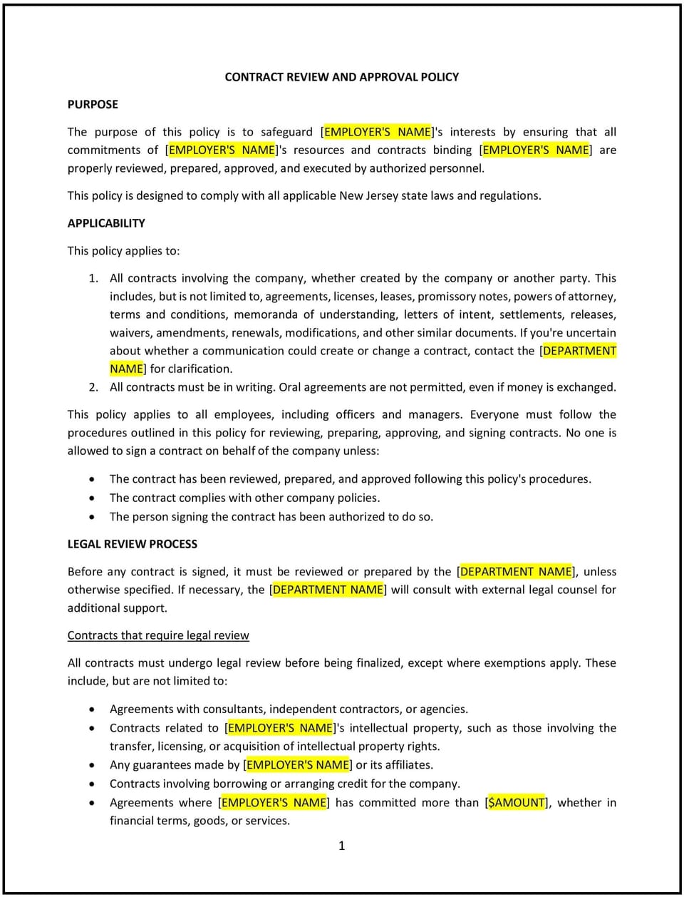 Contract review and approval policy (New Jersey): Free template
