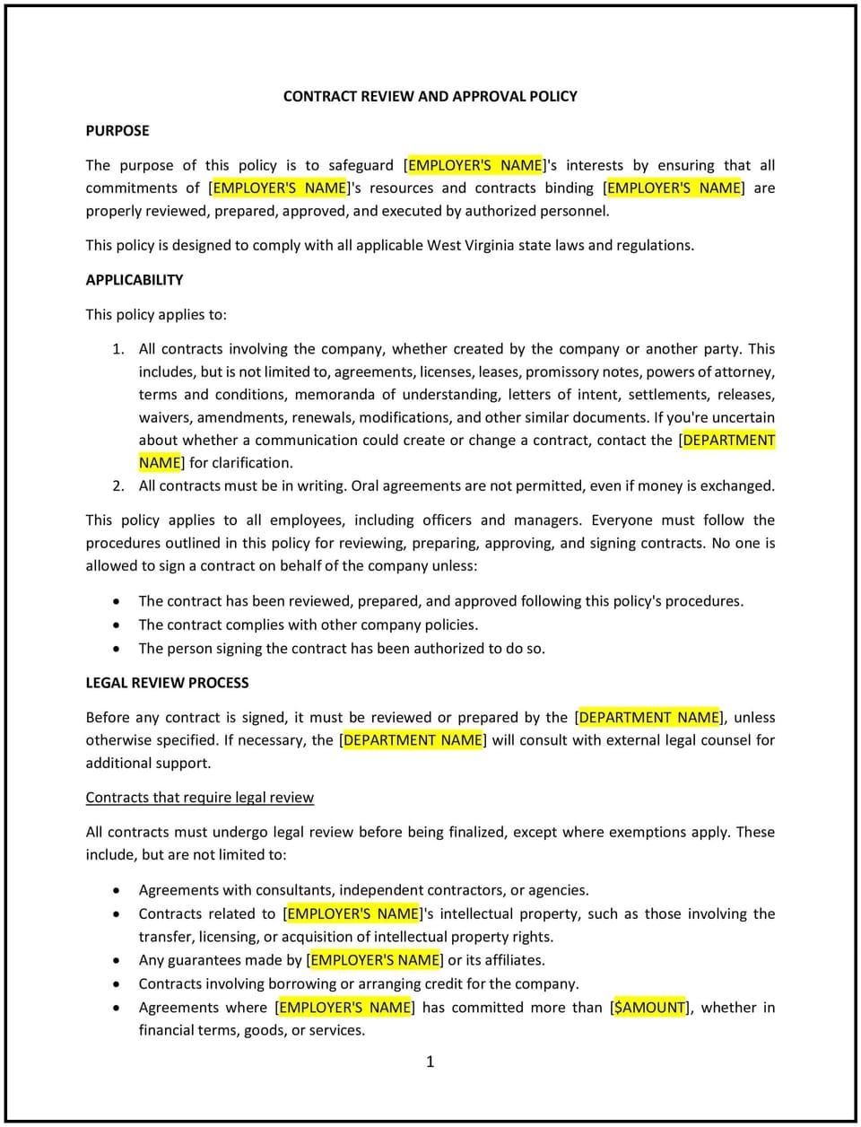 Contract review and approval policy (West Virginia): Free template