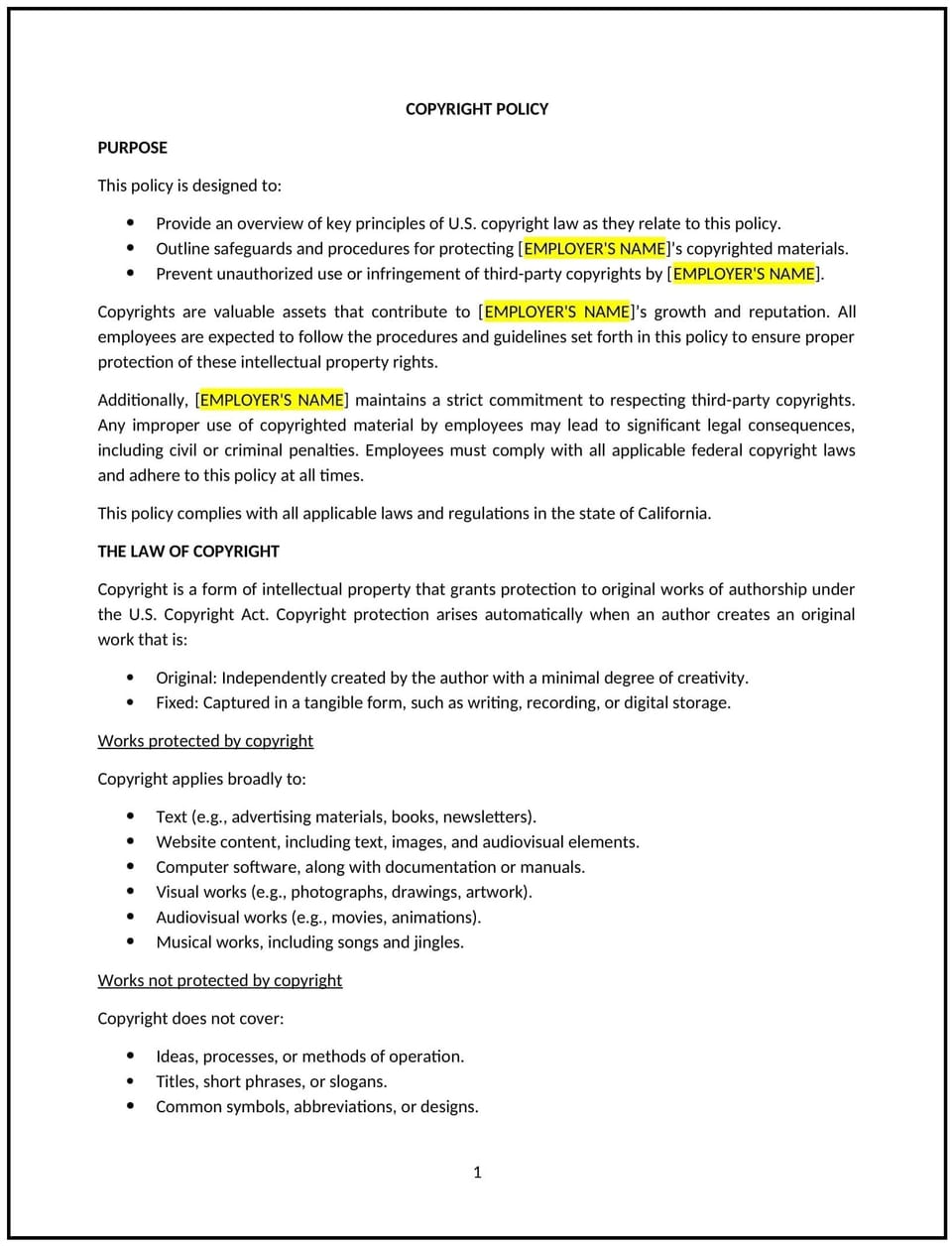 Copyright policy (California): Free template