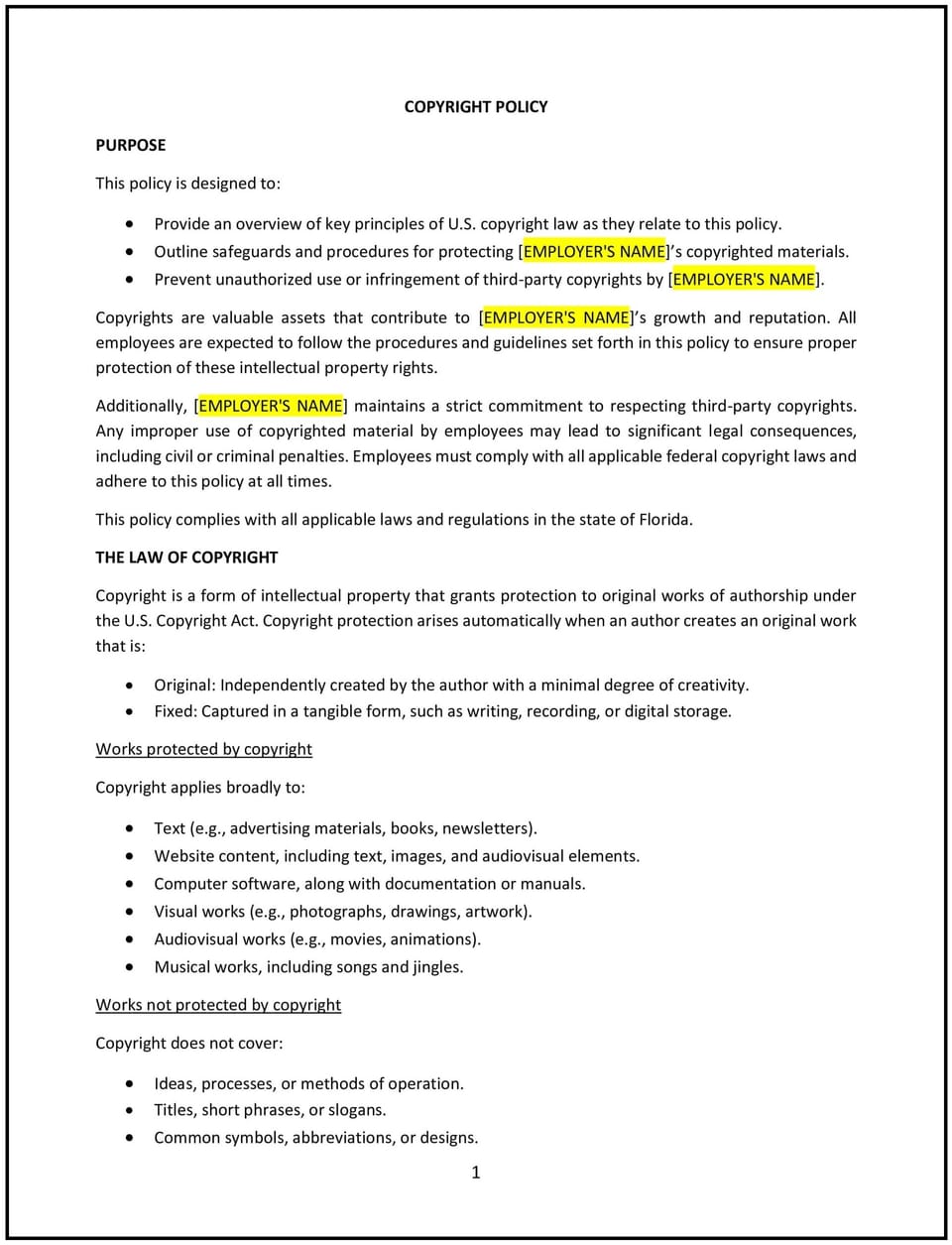Copyright policy (Florida): Free template