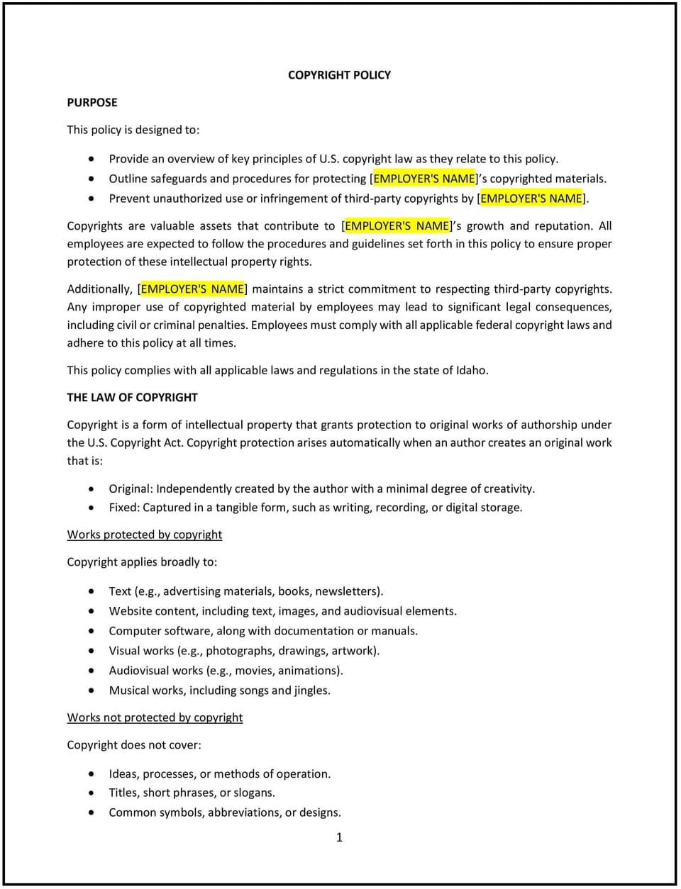 Copyright policy (Idaho): Free template