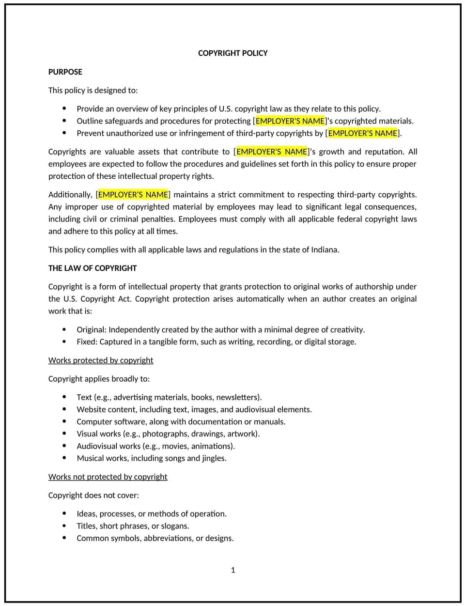 Copyright policy (Indiana): Free template