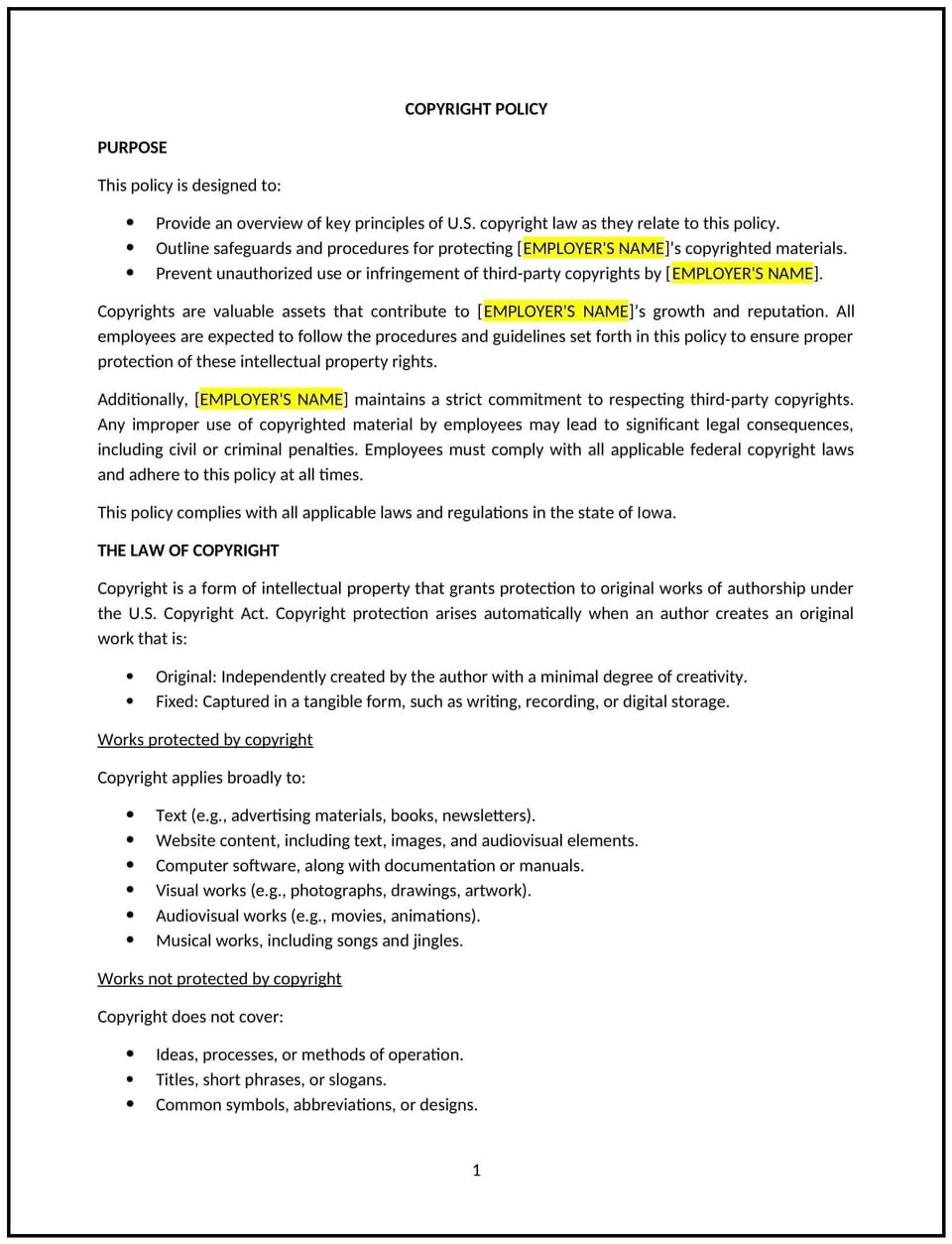 Copyright policy (Iowa): Free template