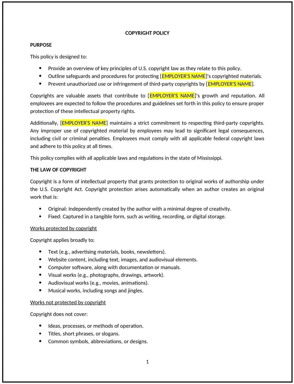 Copyright policy (Mississippi): Free template