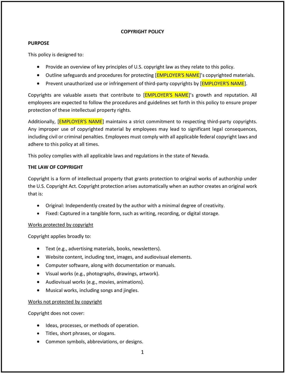 Copyright policy (Nevada): Free template