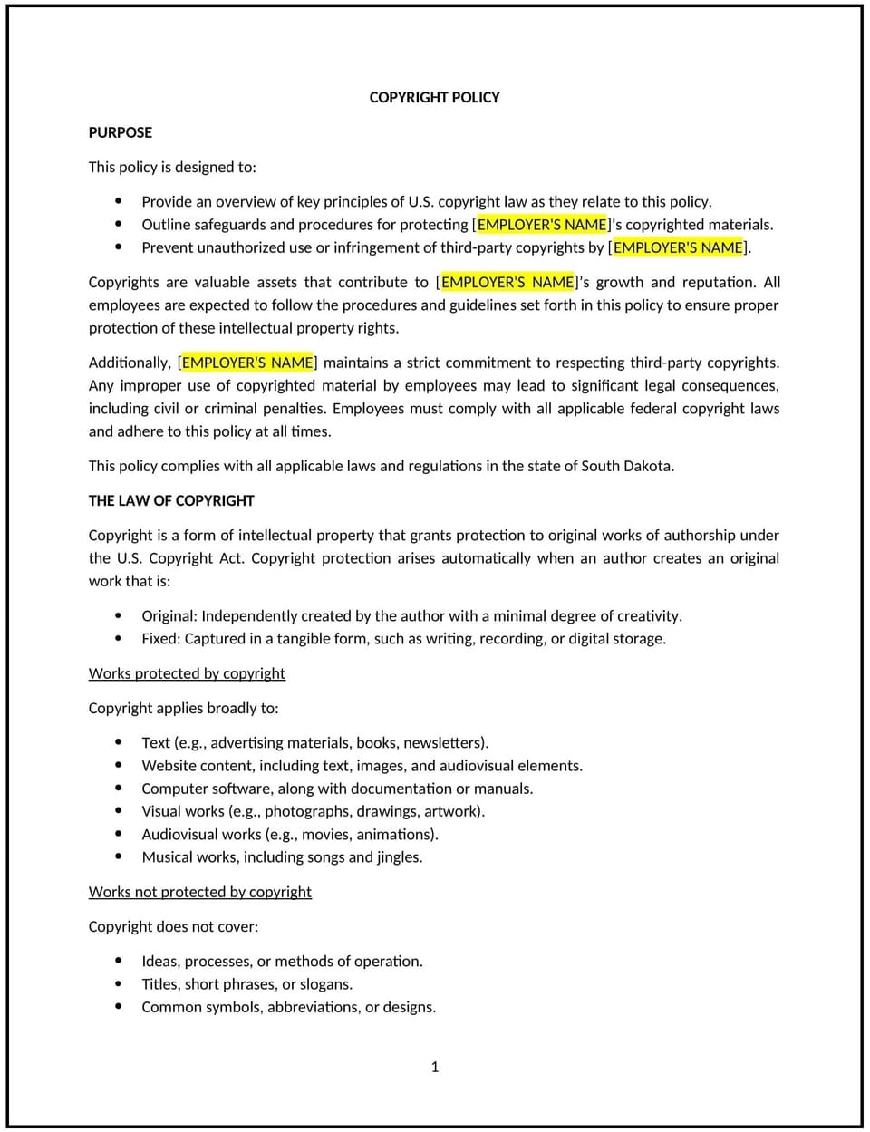 Copyright policy (South Dakota): Free template