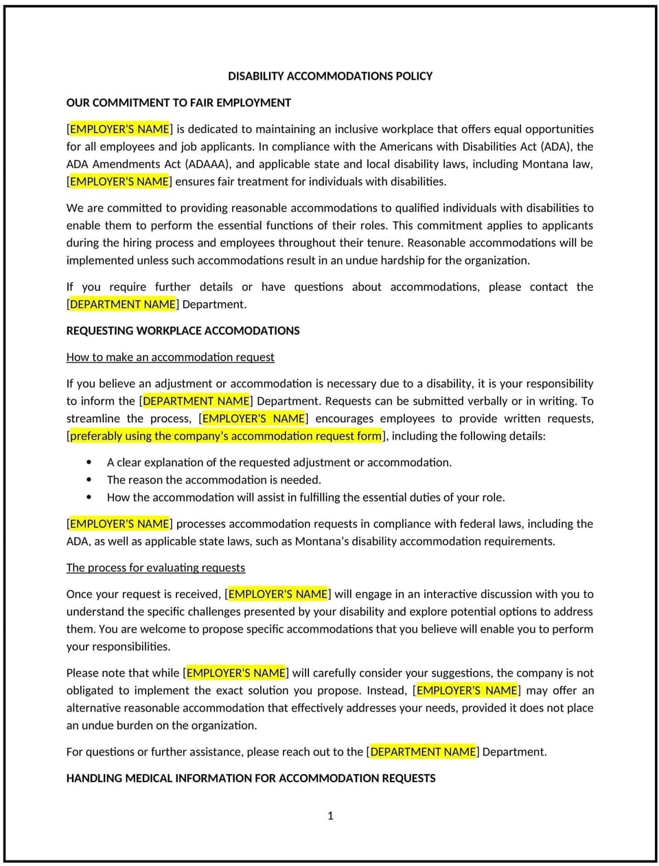 Disability accommodations policy (Montana): Free template
