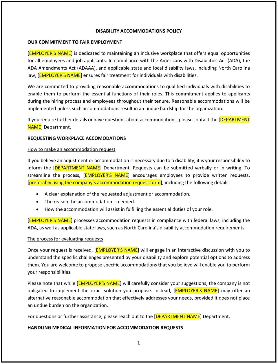 Disability accommodations policy (North Carolina): Free template