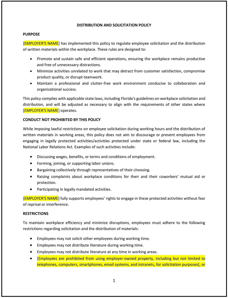 Distribution and solicitation policy (Florida): Free template
