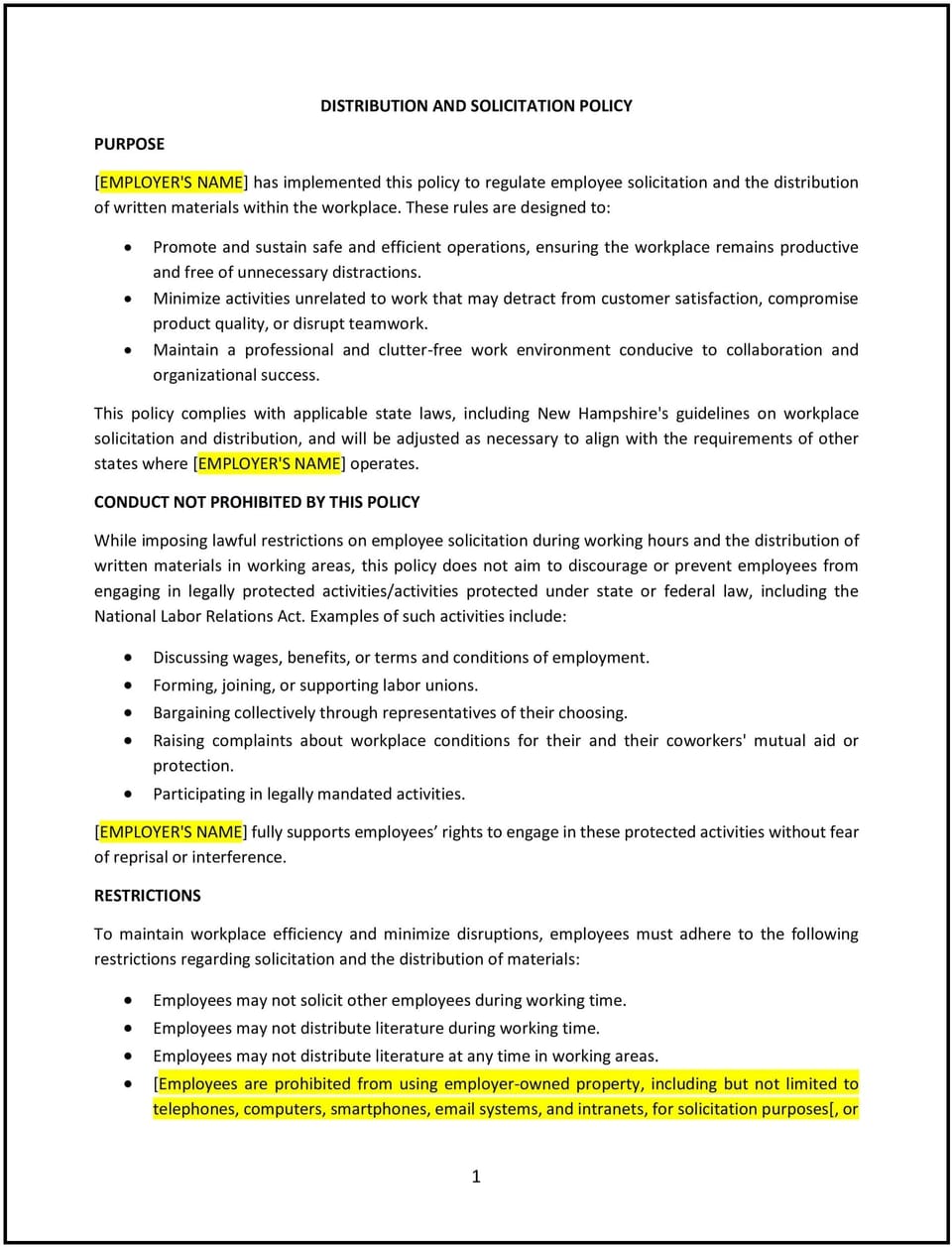Distribution and solicitation policy (New Hampshire): Free template