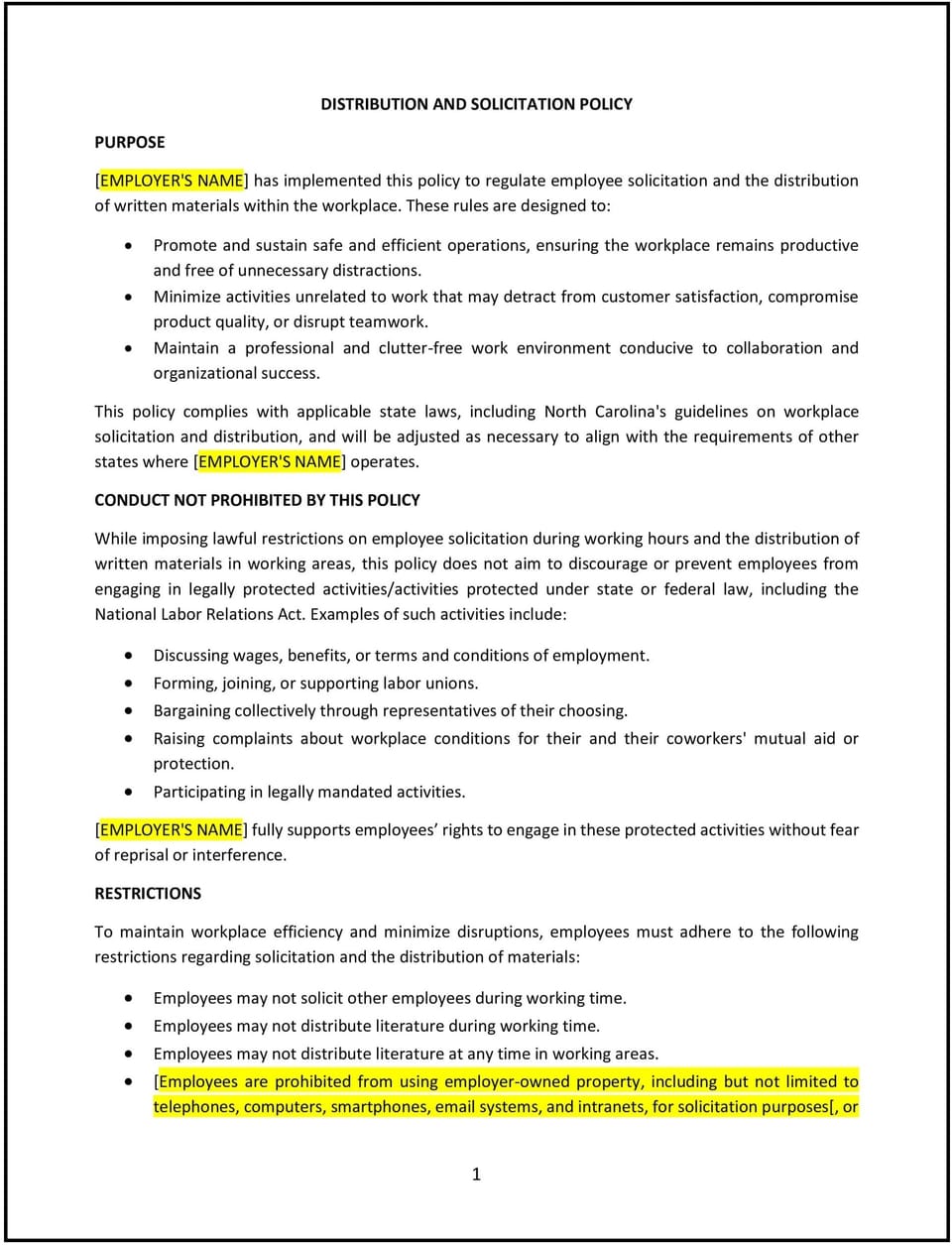 Distribution and solicitation policy (North Carolina): Free template